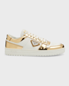 Prada Downtown Logo Metallic Low Top Sneaker In Bianco Pla