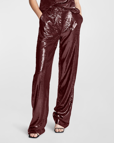 Halston Kimberly Sequin-embellished Straight-leg Pants In Bordeaux