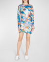 Marni Floral-print Long-sleeved Minidress In Cobalt