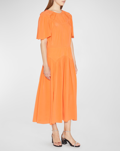 Marni Flutter-sleeve Side-slit Gathered Silk Midi Dress In Orange
