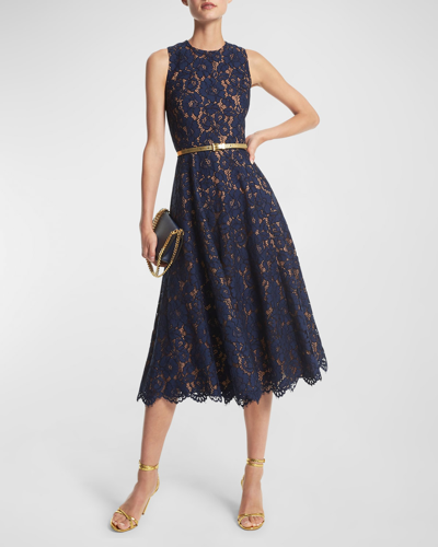 Michael Kors Large Floral Lace Sleeveless Midi Dress In Navy Floral Lace