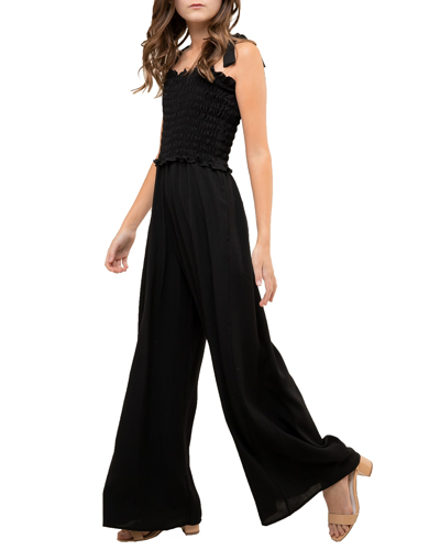 Un Deux Trois Girl's Smocked Wide-leg Jumpsuit W/ Knotted Straps In Black