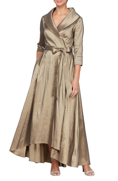 Alex Evenings Portrait Collar Faux Wrap Gown In Bronze