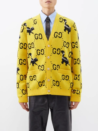 Gucci Gg And Skunk Jacquard Wool Knit Cardigan In Yellow