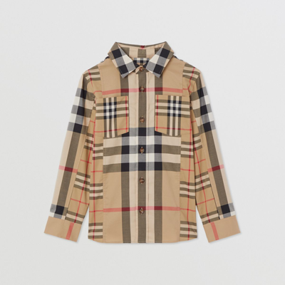 Burberry Kids' Patchwork Check Stretch Cotton Button-up Shirt In Archive Beige Ip Chk