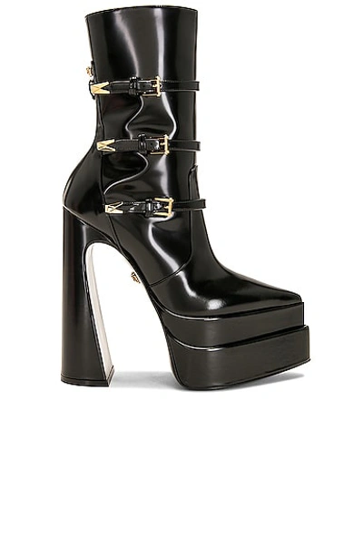 Versace Buckle Platform Boots In Nero & Oro