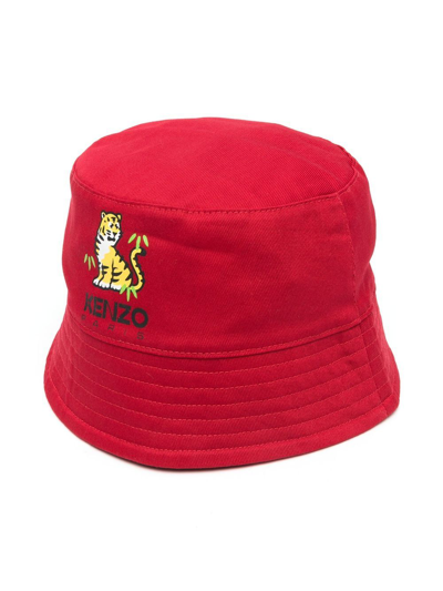 Kenzo Kids' Printed Cotton Twill Bucket Hat In Rouge