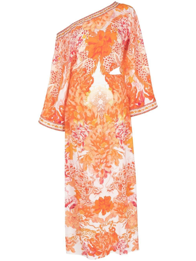 Camilla Dragon-print Asymmetric Dress In Orange