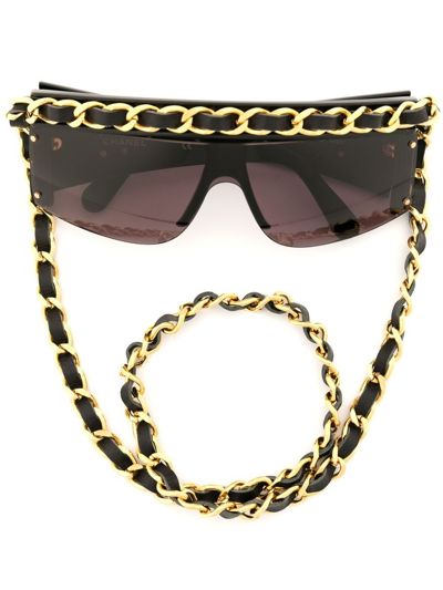 Pre-owned Chanel 1990-2000s Leather-and-chain Visor Sunglasses In Black