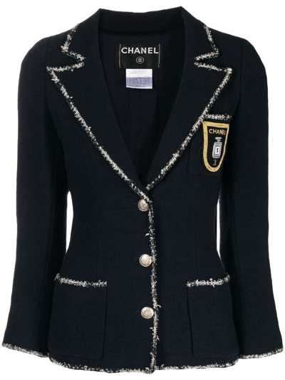 Pre-owned Chanel 2005 Logo-patch Bouclé Jacket In Blue