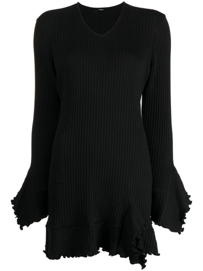 Goen J V-neck Ruffle-trim Mini Dress In Black