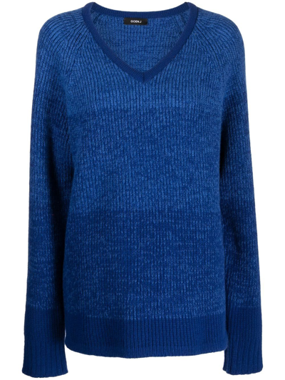 Goen J V-neck Ribbed-knit Jumper In Blue