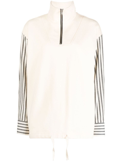 Goen J Poplin Striped-sleeve Sweatshirt In Neutrals