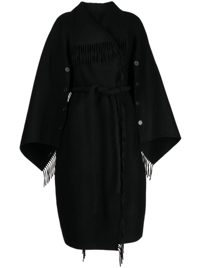 Goen J Double-breasted Fringe-detail Wool Coat In Black