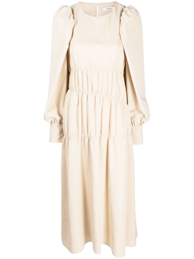 Goen J Ruched Puffed-sleeve Midi Dress In Neutrals