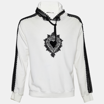 Pre-owned Dolce & Gabbana White Cotton Lace Trim Hooded Sweatshirt S
