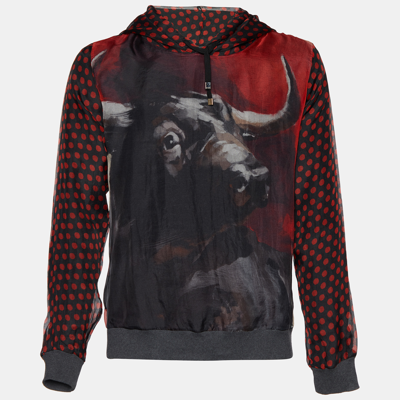 Pre-owned Dolce & Gabbana Red Bull & Polka Dot Printed Silk Hooded Sweatshirt L