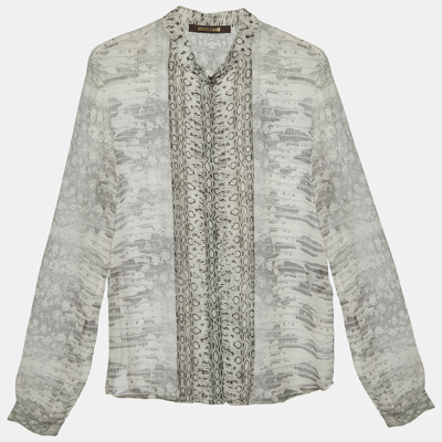 Pre-owned Roberto Cavalli Light Grey Snakeskin Printed Silk Button Front Shirt S