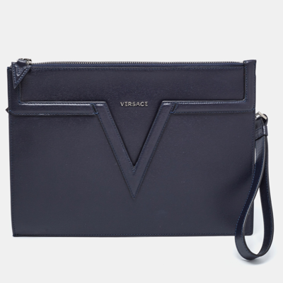 Pre-owned Versace Navy Blue Leather V Logo Wristlet Pouch