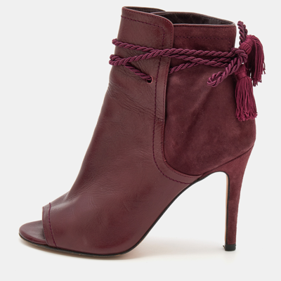 Pre-owned Ch Carolina Herrera Burgundy Leather And Suede Open Toe Ankle Boots Size 37