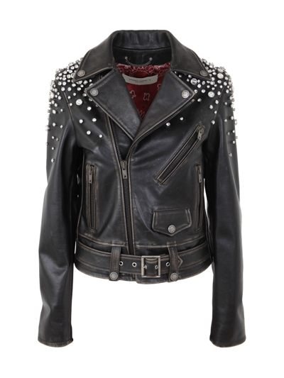 GOLDEN GOOSE GOLDEN CHIODO JACKET DISTRESSED BULL LEATHER WITH CRYSTALS STONES,GWP00848.P000648.90100