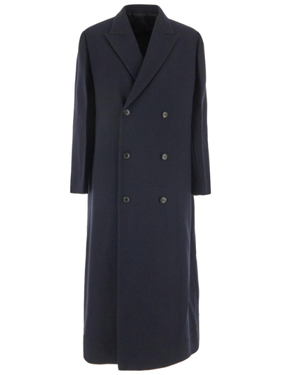 Quira Extra Long Double-breasted Wool Overcoat In Blue