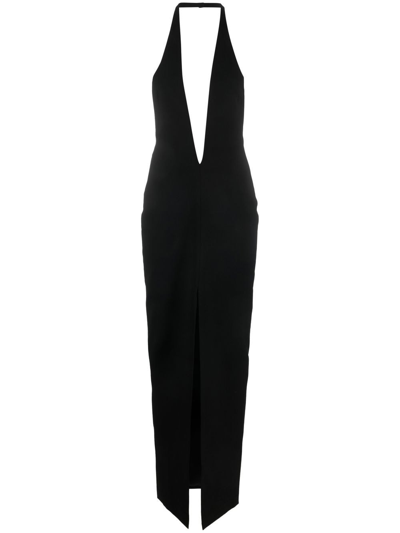 Monot Crepe Plunge V Neck Long Dress In Nero