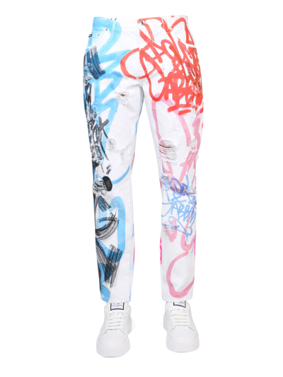 Dolce & Gabbana White Jeans With Multicolor Graffiti
