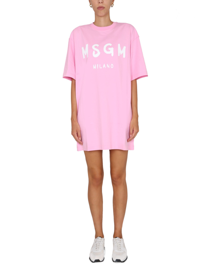 Msgm Brushed Logo Dress In Pink
