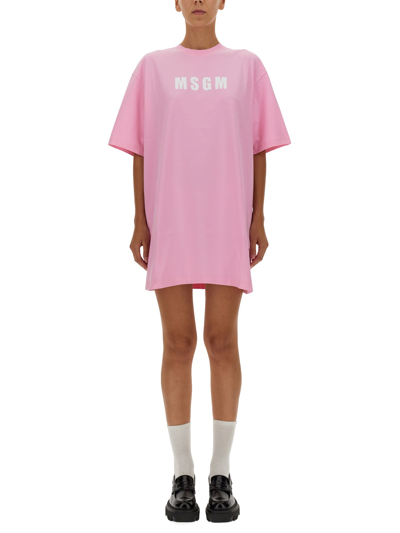 Msgm Logo-print Cotton T-shirt Dress In Pink & Purple