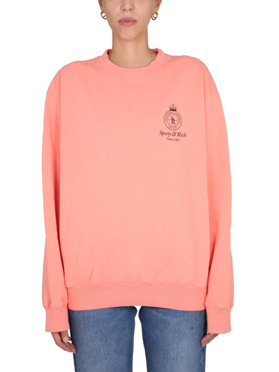 Sporty And Rich Crown Relaxed-fit Cotton-jersey Sweatshirt In Grapefruit & Black