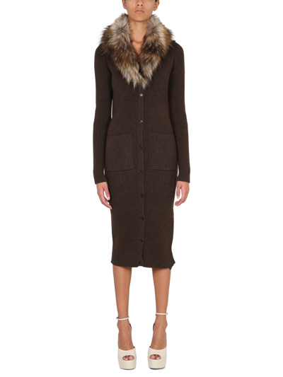Saint Laurent Faux-fur And Wool Knitted Cardigan Dress In Marrone