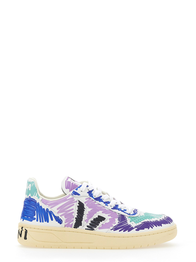Marni X Veja V-10 Scribble-print Leather Trainers In Multicolour