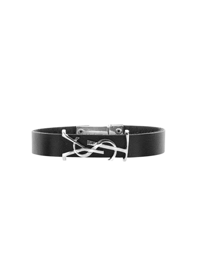 Saint Laurent Leather Logo Bracelet In Black