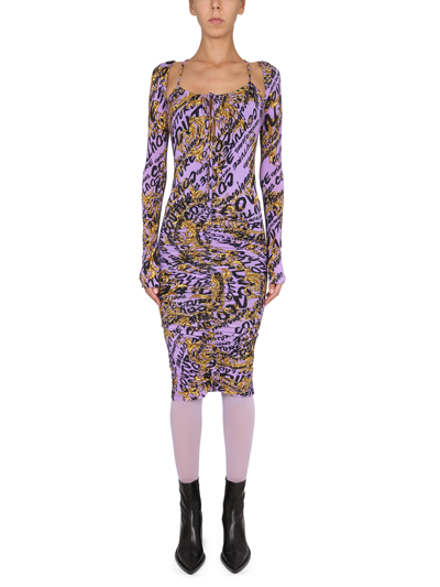 Versace Jeans Couture Dress With Baroque Print Purple In Black