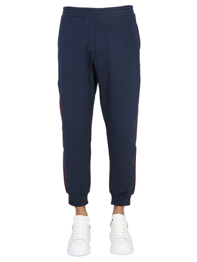 Alexander Mcqueen Jogging Trousers With Selvedge Logo Band In Blue
