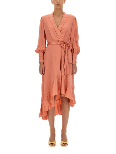 Zimmermann Blouson-sleeve Silk Wrap Midi Dress In Pink