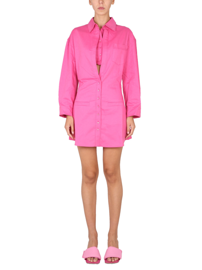 Jacquemus Baunhilha Layered Linen Mini Shirt Dress In Fucsia