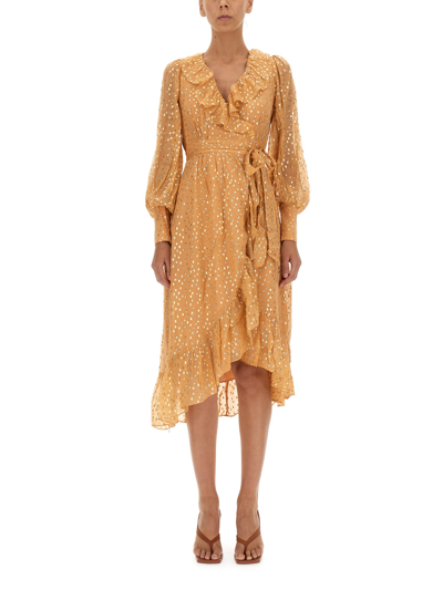 Zimmermann Metallic Chiffon Midi Wrap Dress In Orange