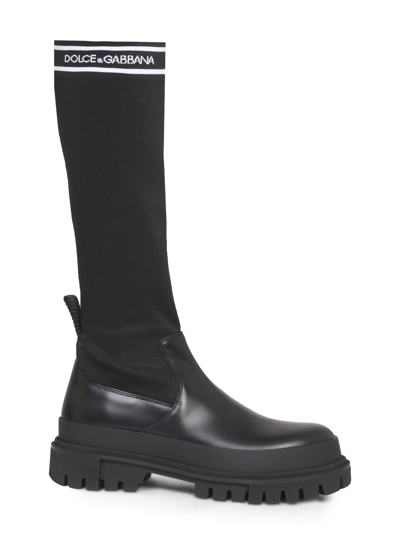 Dolce & Gabbana Leather And Stretch Jersey Boots In Black