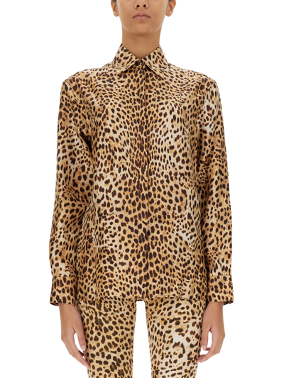Roberto Cavalli Leopard Print Concealed Placket Shirt In Multicolor