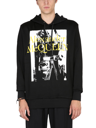 Alexander Mcqueen Man Black Hoodie With Atelier Print