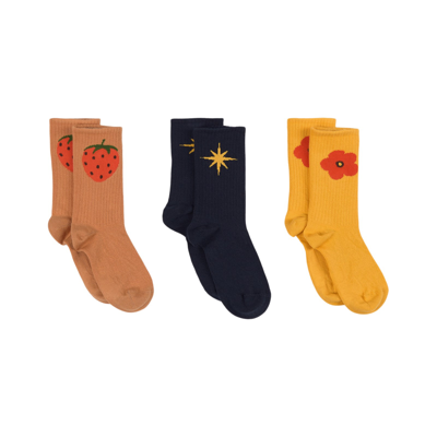 Mini Rodini Gots Strawberries 3-pack Socks Multicolor In Yellow