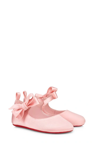 Christian Louboutin Babies' Lou Bow-embellished Silk And Leather-blend Crib Shoes 0-12 Months In Pink