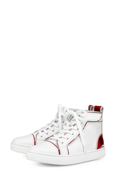 Christian Louboutin Kids' Funnyto High Top Calfskin & Patent Leather Sneaker In Bianco/ Loubi