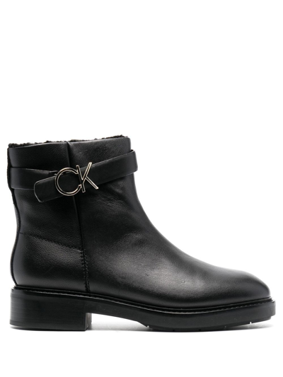 Calvin Klein Logo-buckle Ankle Boots In Black