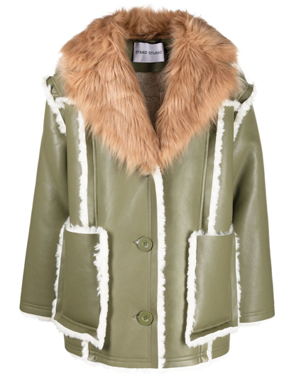 Stand Studio Faux-leather Double-breasted Coat In Green