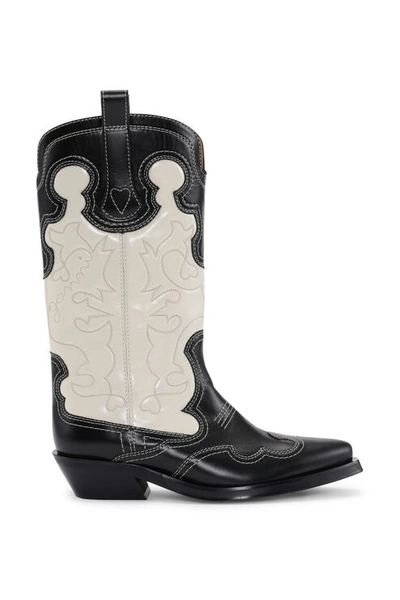 Ganni Mid Shaft Embroidered Western Boots In Black/egret