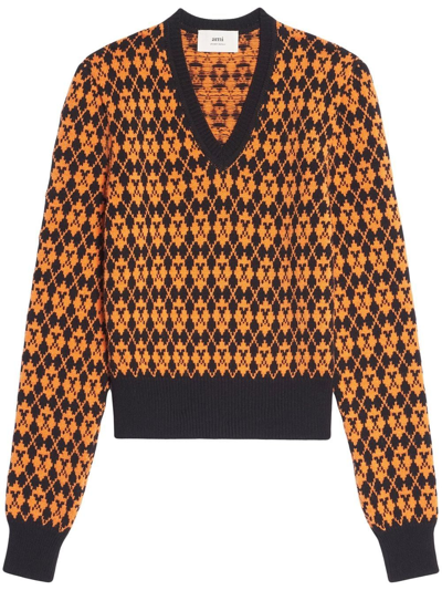 Ami Alexandre Mattiussi Intarsia-knit V-neck Jumper In Orange