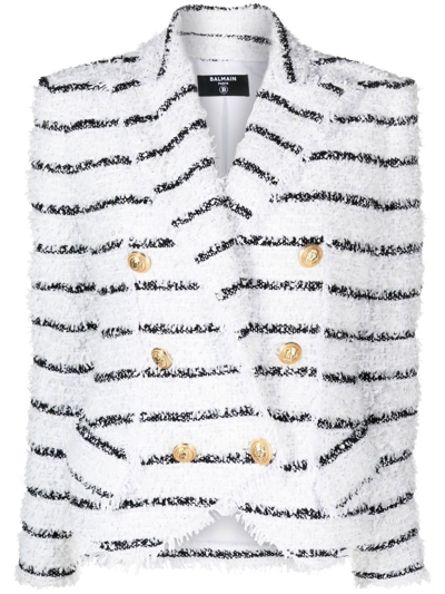 Balmain Cotton Blend Tweed Striped Button Blazer In White